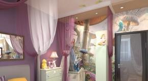 Kamar tidur orang tua kecil dengan tempat tidur bayi di bagian dalam